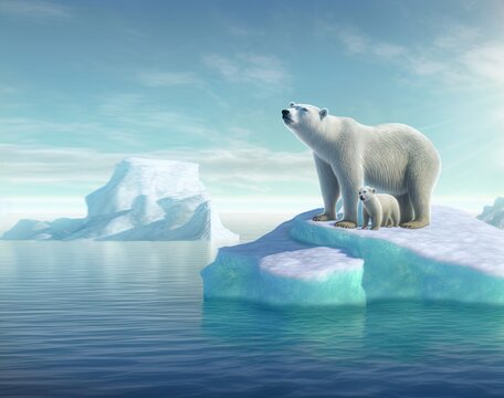 A polar bear mother with cubs is pictured above an iceberg in the arctic ocean. Natural disaster of floating icebergs due to climate change and melting glaciers. 3D rendering.