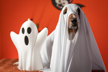 Cachorro com fantasia de fantasma para Halloween