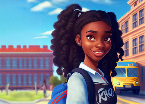beautiful generic teen african american girl character portrait with school bus in the background, digital painting in 3D cartoon movies style
