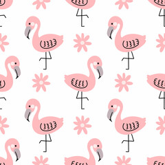 Pink flamingo and flower. Seamless pattern for sewing children's clothing. African background in nursery. Jungles. Print on fabric and packaging.