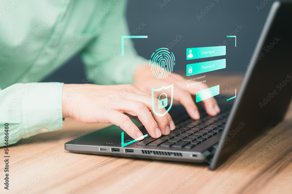 Fototapete Man typing login user and password, Cyber security concept, Secure encryption and access to the user's private information to access the Internet.