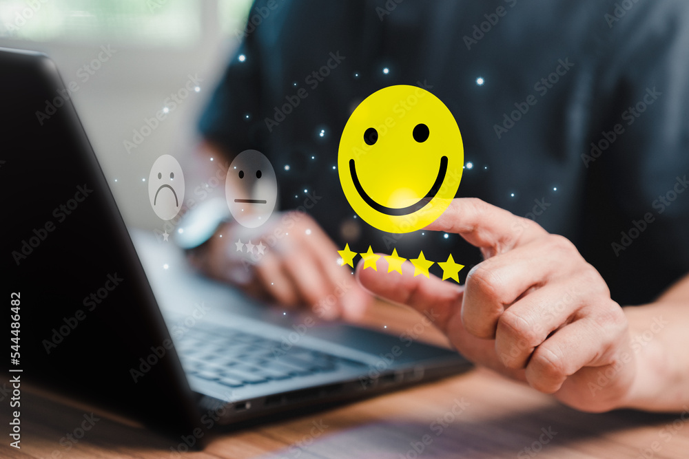 Poster man hand using computer laptop with popup five star icon for feedback review satisfaction service, t