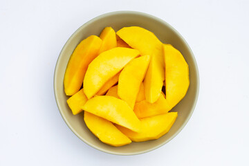 Yellow mango slices on white background.