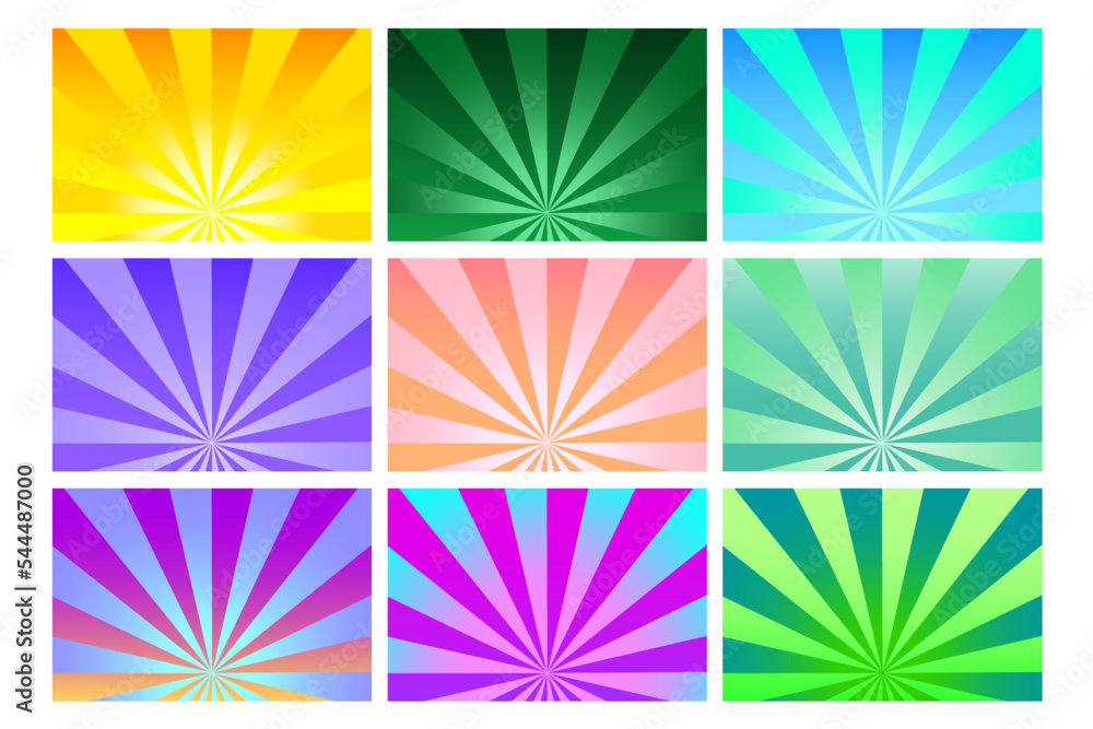 Poster colored rays backgrounds. geometric pattern. explosion effect. light effect set. cartoon style. vect