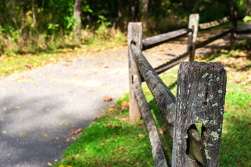 old wooden fence on the edge of country road in the forest. Close-up, selective focus.