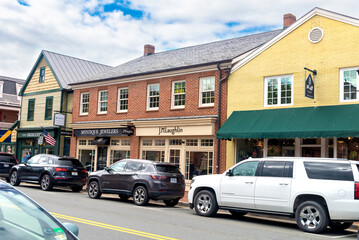 central street of the ancient town near Washington. Ancient buildings of shops, hotels and...