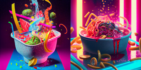 Futuristic cyberpunk food, ramen, 3d render of a symbol glittering on night, neon tubes, neon lights collection