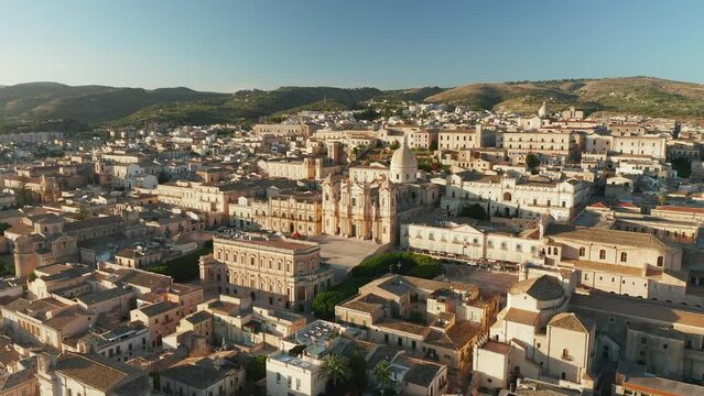 Flying Towards The Noto Cathedral On A Sunny Day In Sicily, Italy. - aerial approach