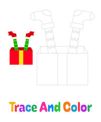 Elf feet with gift box, tracing worksheet for kids