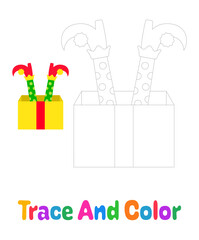 Elf feet with gift box, tracing worksheet for kids