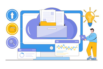 Flat electronic document management concept. Outline design style minimal vector illustration for landing page, web banner, infographics, hero images.