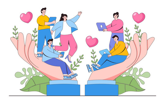 Flat office employees working in caring hands concept. Outline design style minimal vector illustration for landing page, web banner, infographics, hero images.