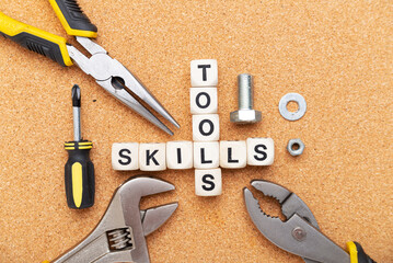 words TOOLS and SKILLS are written on wooden blocks. housework tools. business concept of skills...