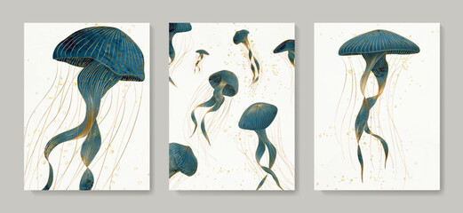 Art set of luxury prints with blue jellyfish hand drawn in gold art line style. Animal background in a watercolor style for decoration, print, wallpaper, textile, interior design. - obrazy, fototapety, plakaty