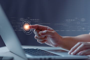 Cybersecurity and privacy concepts to protect data. Lock icon and internet network security technology. Businessman protecting personal data on smart laptop with virtual screen interfaces.