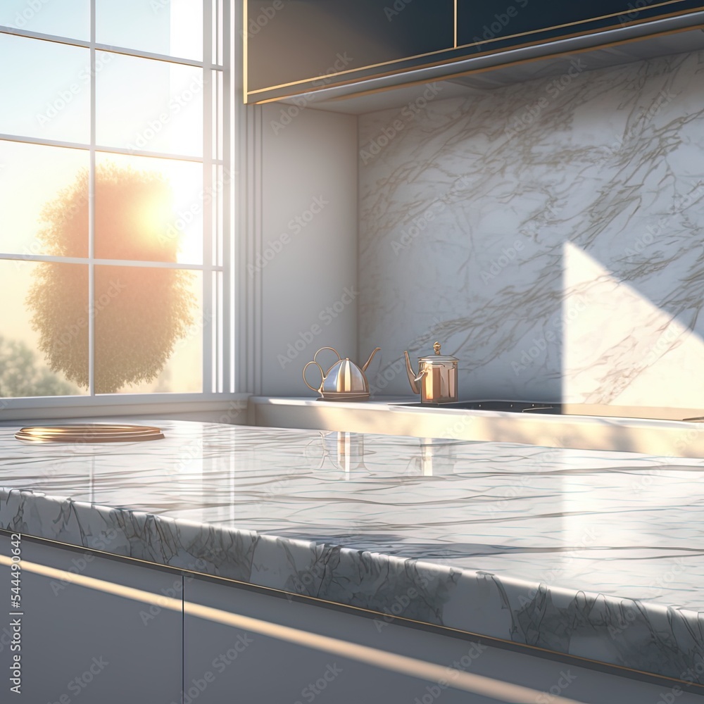 Poster 3d rendering of empty shiny marble kitchen counter top for products display in front of a gray wall 