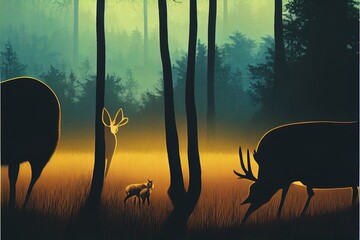 Hog deer are silhouette with beautiful forest landscape in the morning time.