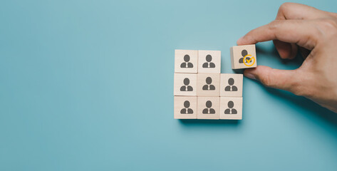 HRM or Human Resource Management, Hand selective and accept to manager icon on wood block which is among staff icons for human development recruitment leadership and customer target group concept. - obrazy, fototapety, plakaty
