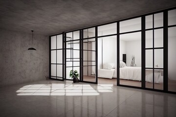 Modern contemporary loft empty room with open door to garden 3d render The Rooms have concrete tile floors ,wooden plank ceiling
