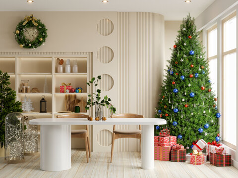 Minimal dining room interior design,christmas room.