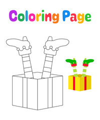 Coloring page with Elf feet with gift box for kids