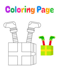 Coloring page with Elf feet with gift box for kids