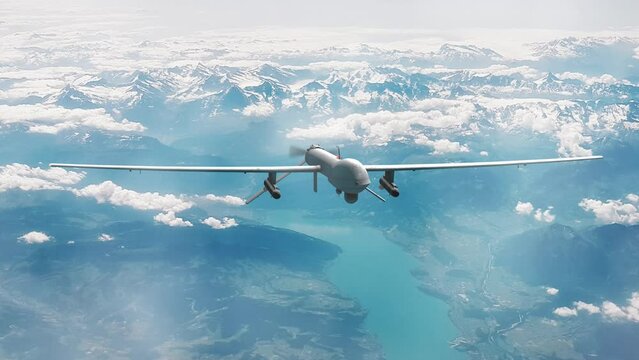 Military Attack Drone Flying High Over Clouds and Lakes with Rear Propeller and Missles Animation 4K