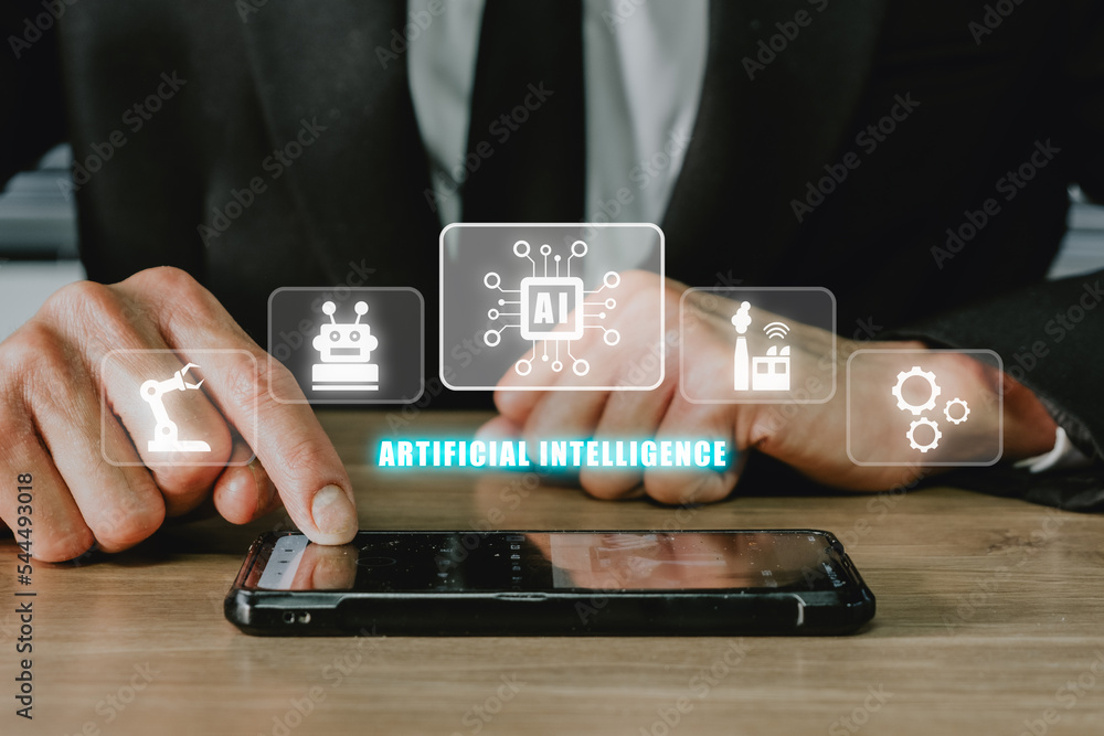 Aufkleber artificial intelligence ai, person using smartphone with holographic brain artificial intelligence (