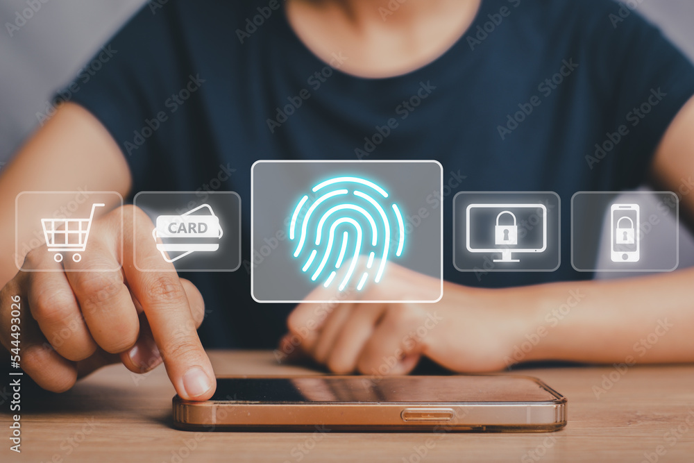 Poster young woman hand using fingerprint indentification to access personal financial data, fingerprint sc