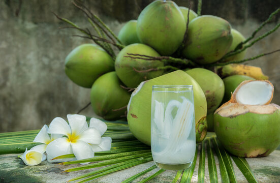 coconut juice with young coconut. Fresh coconut water, young coconut drink .