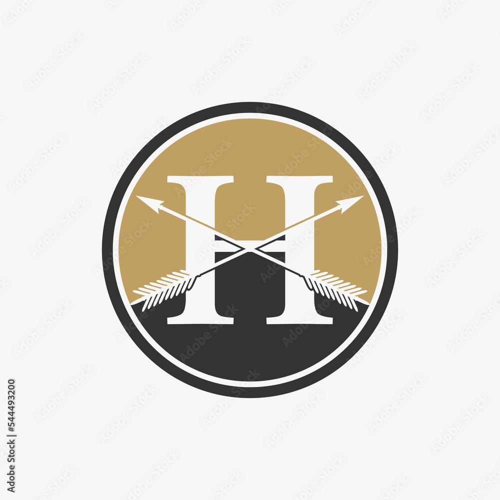 Poster simple and unique letter or word h serif font with 2 arrows on circle block image graphic icon logo 