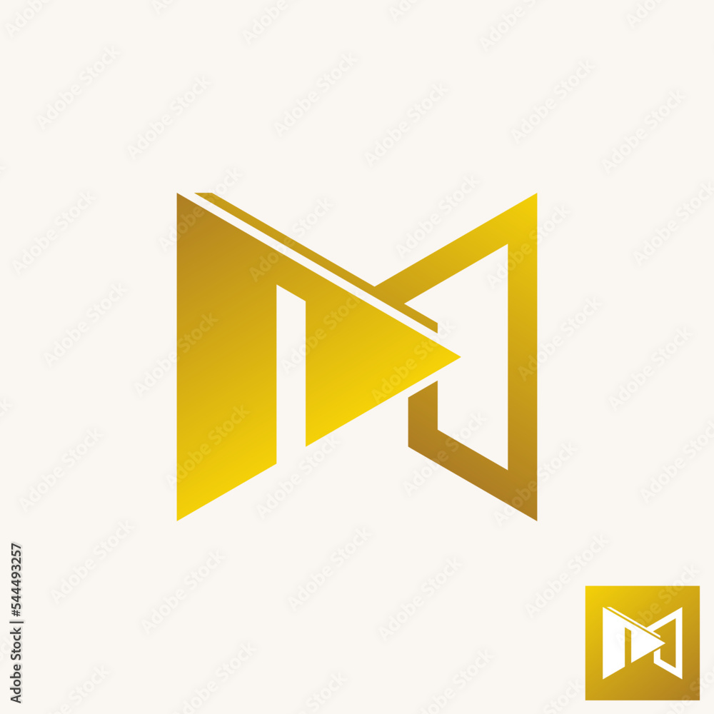Poster simple and unique letter or word m line font with play sign image graphic icon logo design abstract 