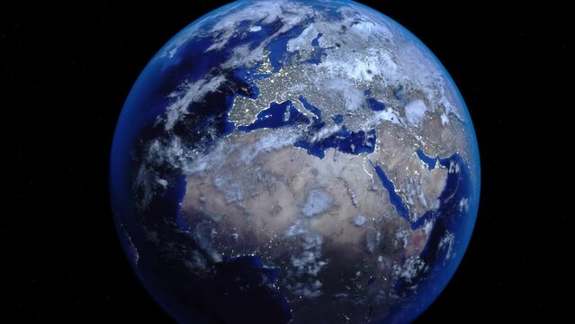 Zoom out of Netherlands Holland through clouds to see the Earth from space.