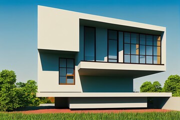 Window roller modern house with terrace, 3D illustration - obrazy, fototapety, plakaty