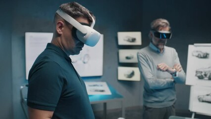 Automotive professional engineers with VR glasses talk about vehicle production while standing in a high tech office. Car design analysis and improvement. - Powered by Adobe
