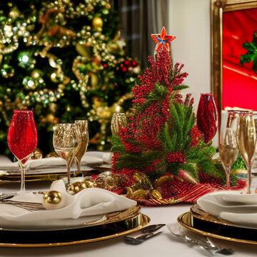 Christmas dinner party setting with centerpiece and place settings, AI-generated image