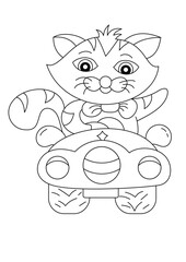 cartoon cute cat in car for coloring page vector illustration
