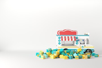 Obraz premium Close up Van trucks delivering gifts on white color background. Christmas concept. 3d illustration