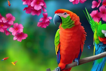3d wallpaper parrot in the garden and colorful birds