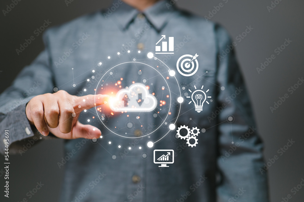 Fototapete Hand-touching virtual cloud computing with world and technology items such as uploading and downloading Cloud technology management and big data include business strategy, customer service