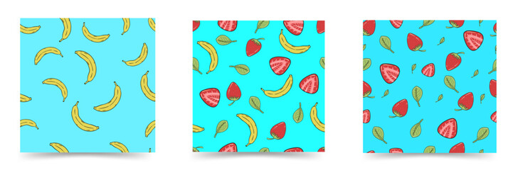 Set of bright seamless patterns with strawberries and bananas on a blue background.