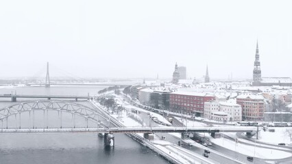 Aerial Shot Of Famous krastmala Street In Beautiful Snow On Daugava River, Latvia, Europe