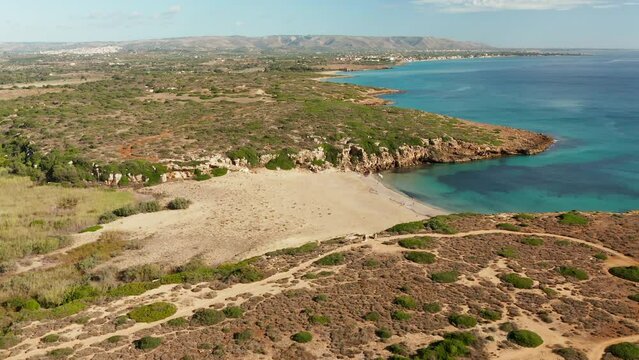 Calamosche Beach, Sandy Little Bay With Calm Blue Water In Summer In Noto, Sicily, Italy. - aerial