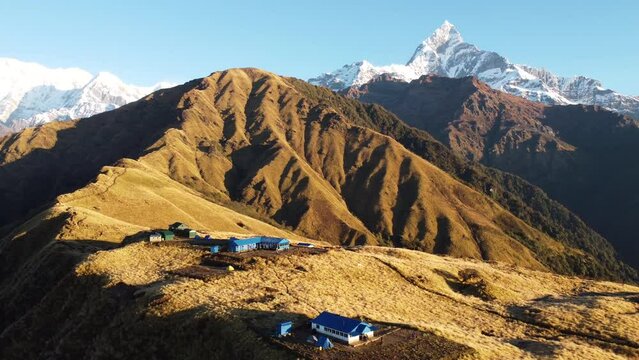 Aerial shot reveals Mt Fishtail, Annapurna Range and Dhaulagiri from the top of Khumai Dada in Nepal
