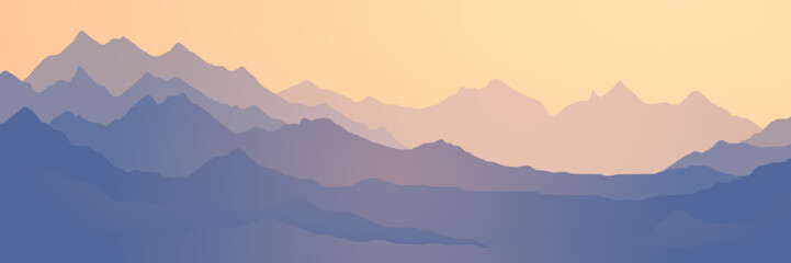 Obraz premium Sunrise in the mountains, mountain ranges in the morning haze, panoramic view, vector illustration
