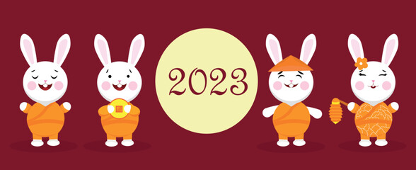 Cute rabbits on red background. Greeting card for New Year 2023