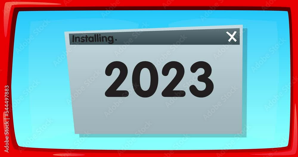 Poster Abstract cartoon screen with the 2023 text in an install window. Computer Software. Video message of a screen displaying an installation window.
