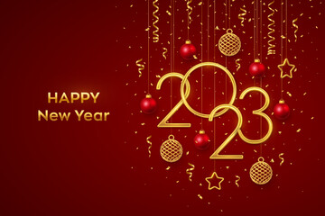 Happy New 2023 Year. Hanging Golden metallic numbers 2023 with shining 3D metallic stars, balls and confetti on red background. New Year greeting card, banner template. Realistic Vector illustration.