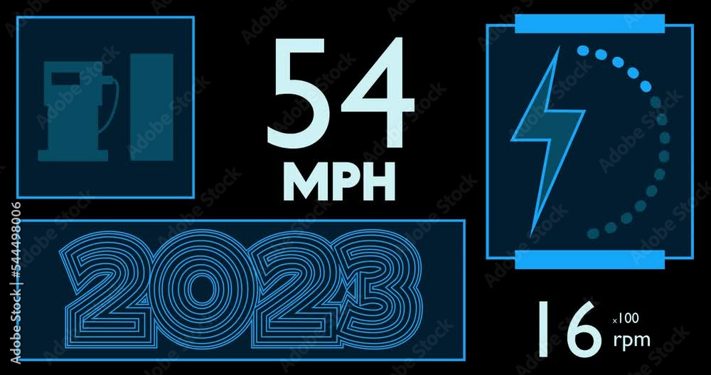 Poster hybrid car dashboard with the number 2023. digital graphical user interface animation.