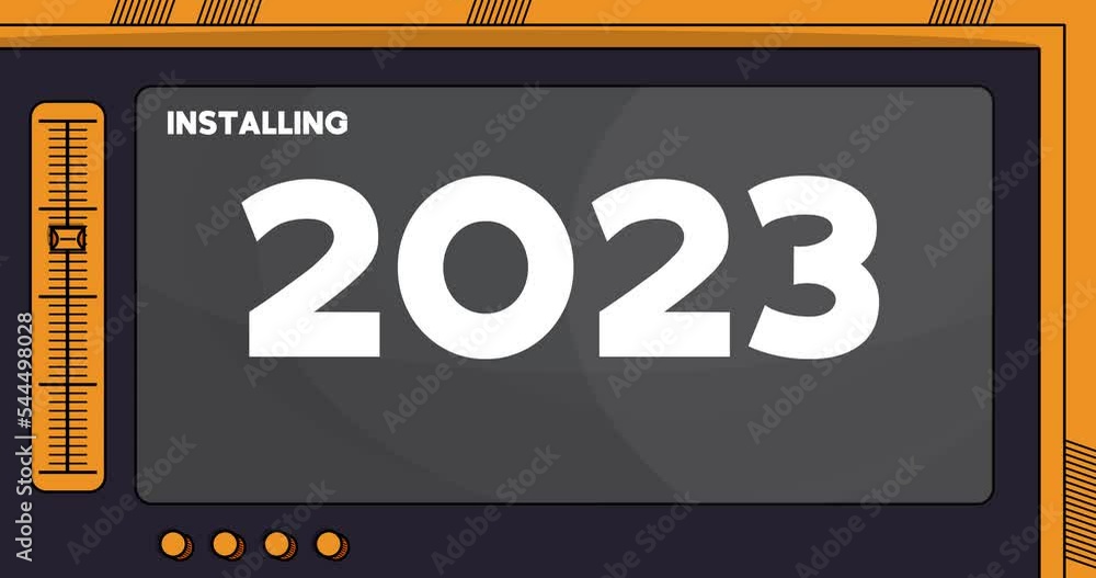 Poster cartoon computer with the word 2023. video message of a screen displaying an installation window.